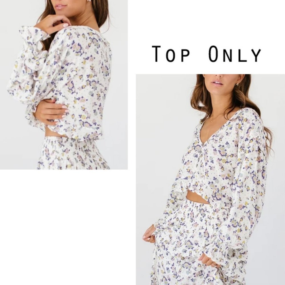 NEW Free People Secret Garden Floral Ruffle Button Front VNeck Crop Blouse Top L - Picture 8 of 12